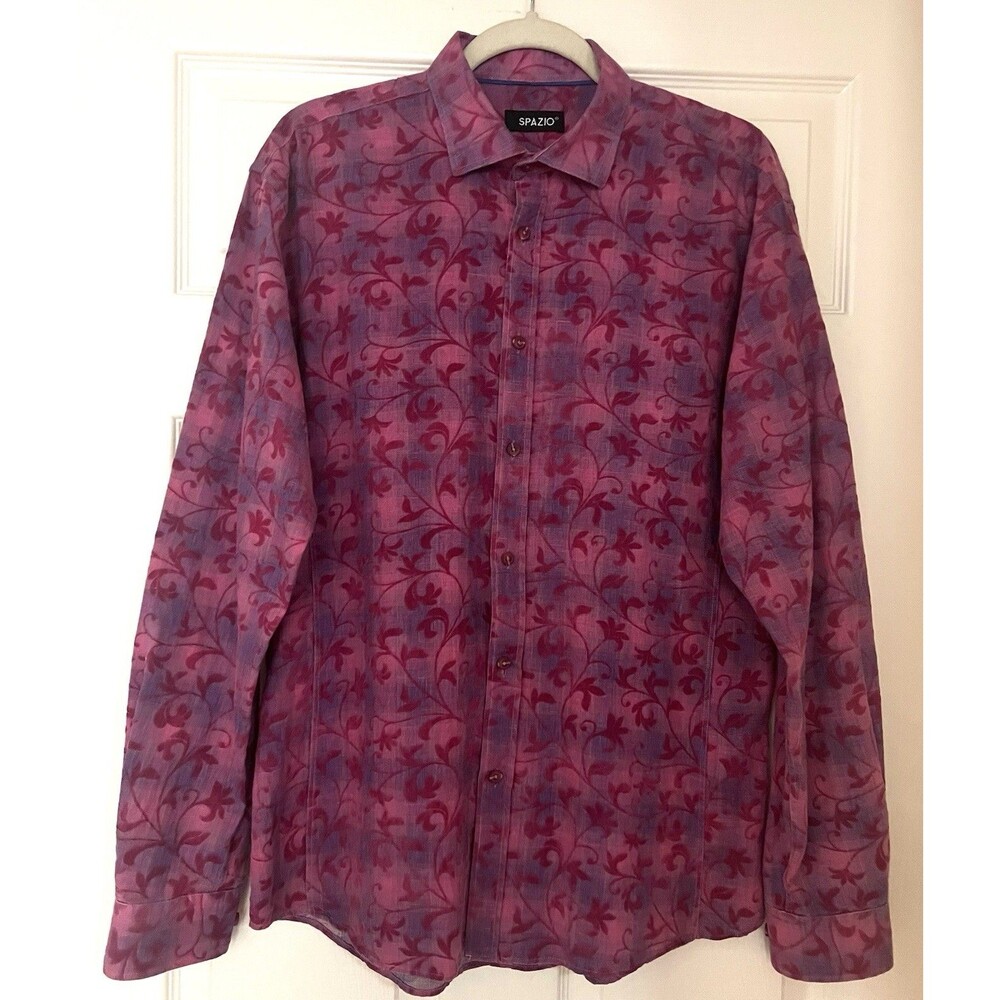 Spazio Men’s Burgundy pink Velvet Leaf Jacquard Shirt Sz M Standout Club Wear